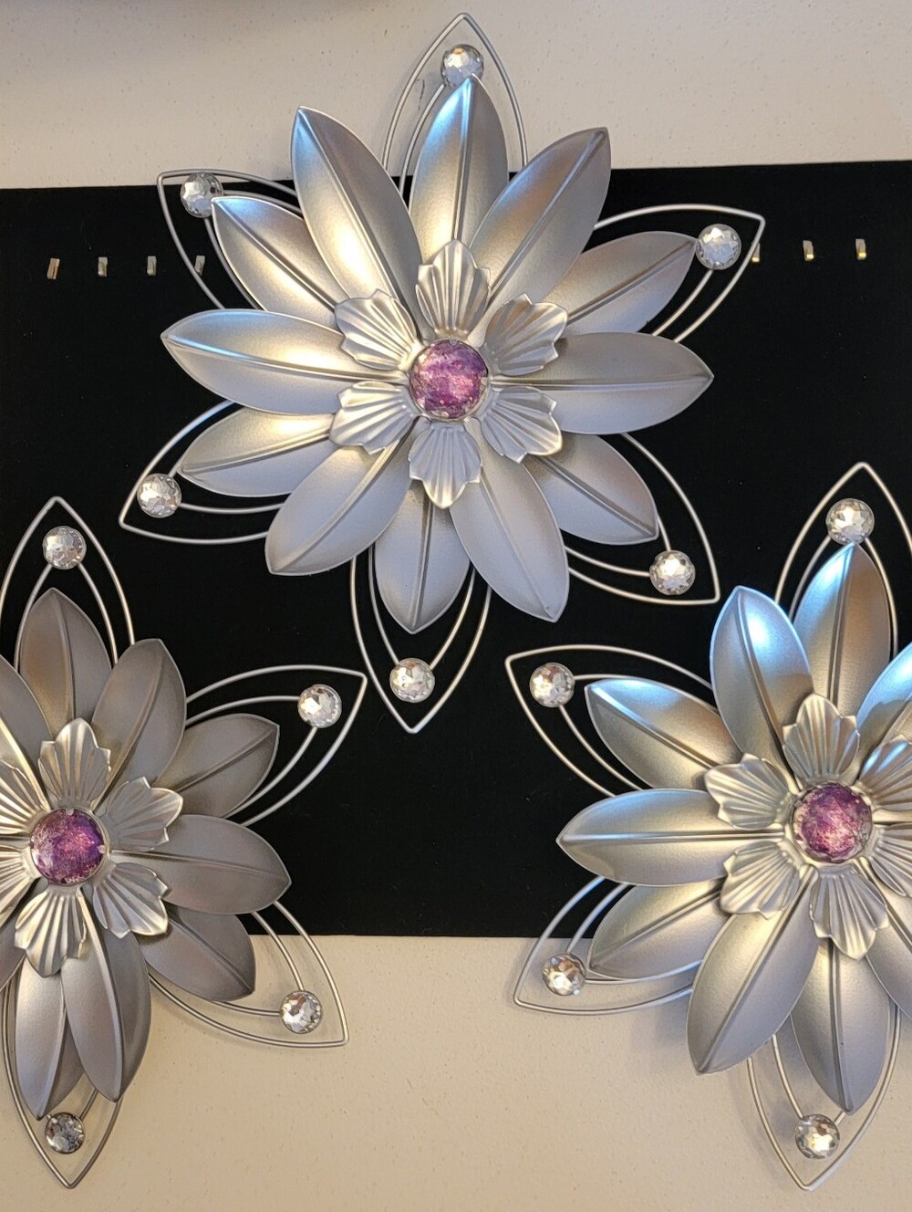 Silver Floral Wall Sculpture with Pink Crystal Centers